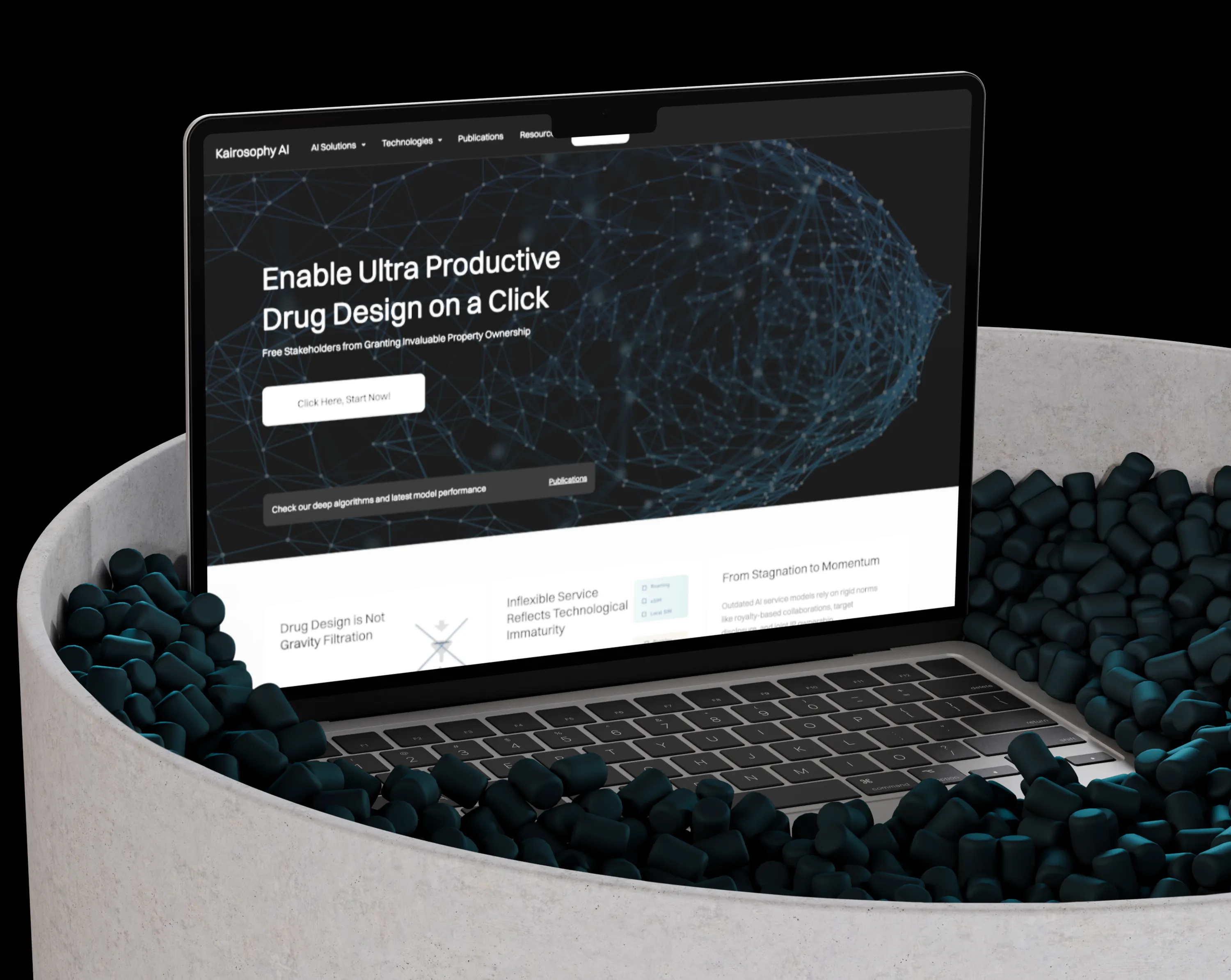 A laptop displays a website about drug design, surrounded by teal capsules in a concrete bowl, with soft lighting.